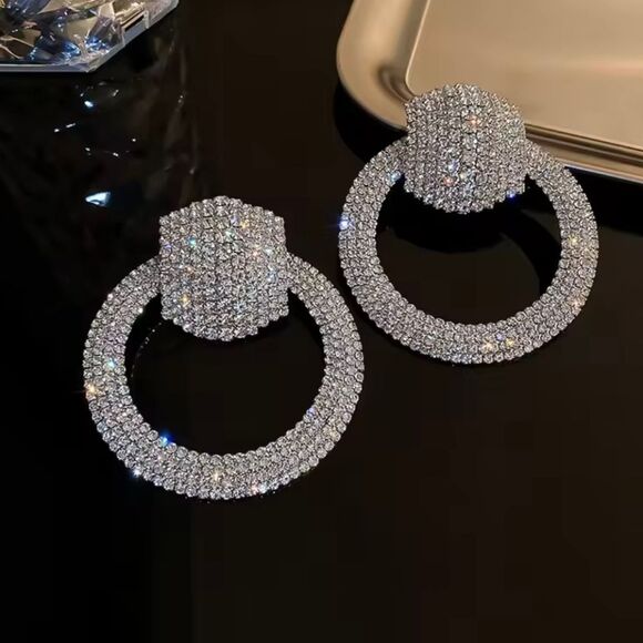 Big Bold Rhinestone Silver Hoop Earrings Circle Pave Crystal Statement Jewelry - Picture 3 of 5